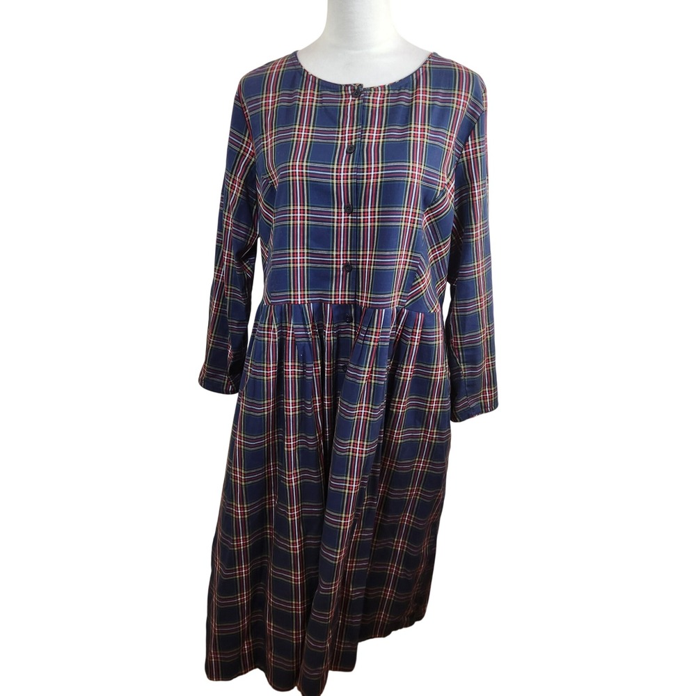 Ella Simone Womens Blue Plaid Cotton Button Front Midi Dress Large Modest Jumper